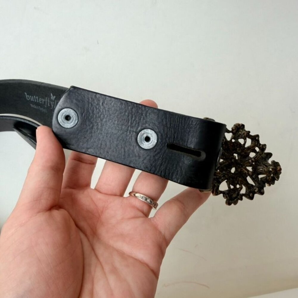 Vintage Style Floral Butterfly Rhinestone Leather Belt - Black/Gold - Picture 5 of 7